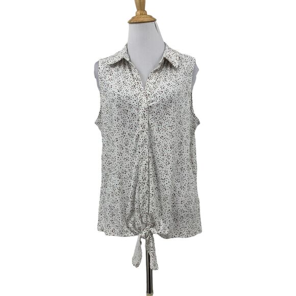 Adrianna Papell Printed Knit Blouse Women M White Sleeveless Button Up Tie Front - Picture 1 of 12